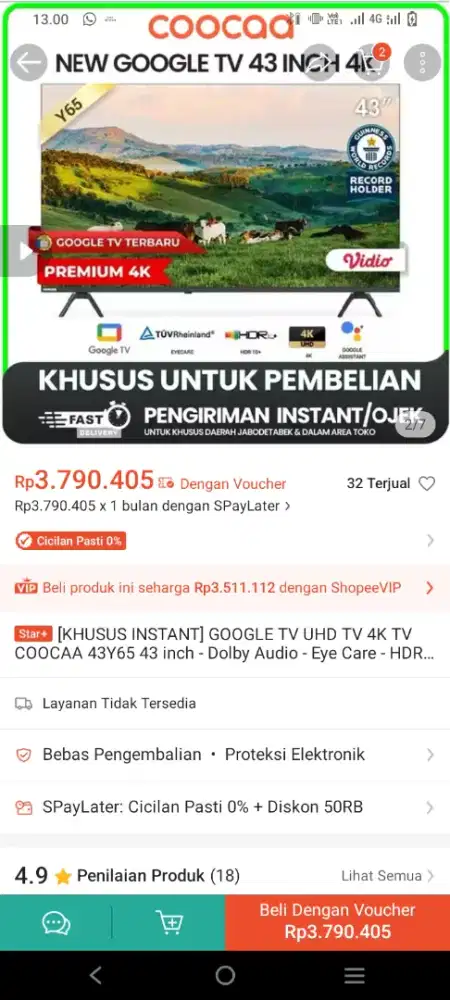 TV Coocaa 43'inc Second mulus baru..
