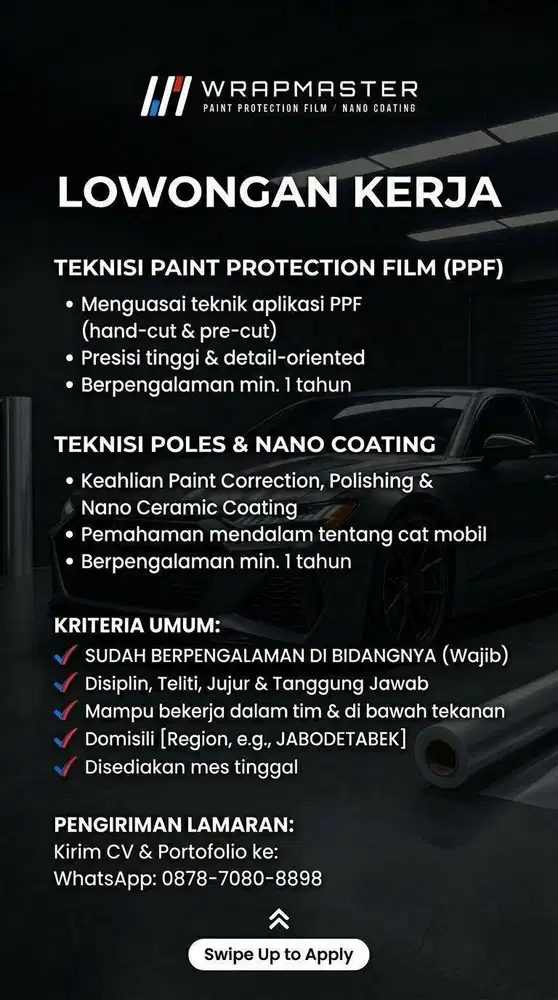 TEKNISI Poles dan Paint Protection Film (PPF)