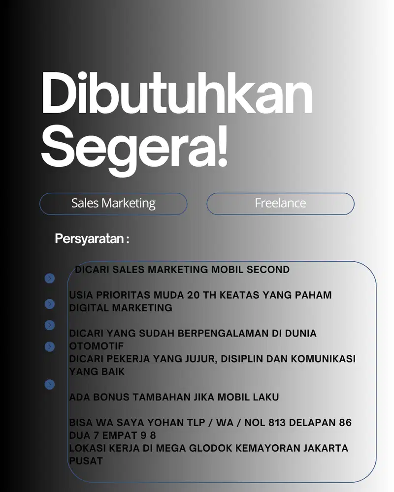 DICARI MARKETING SALES / FREELANCE MOBIL