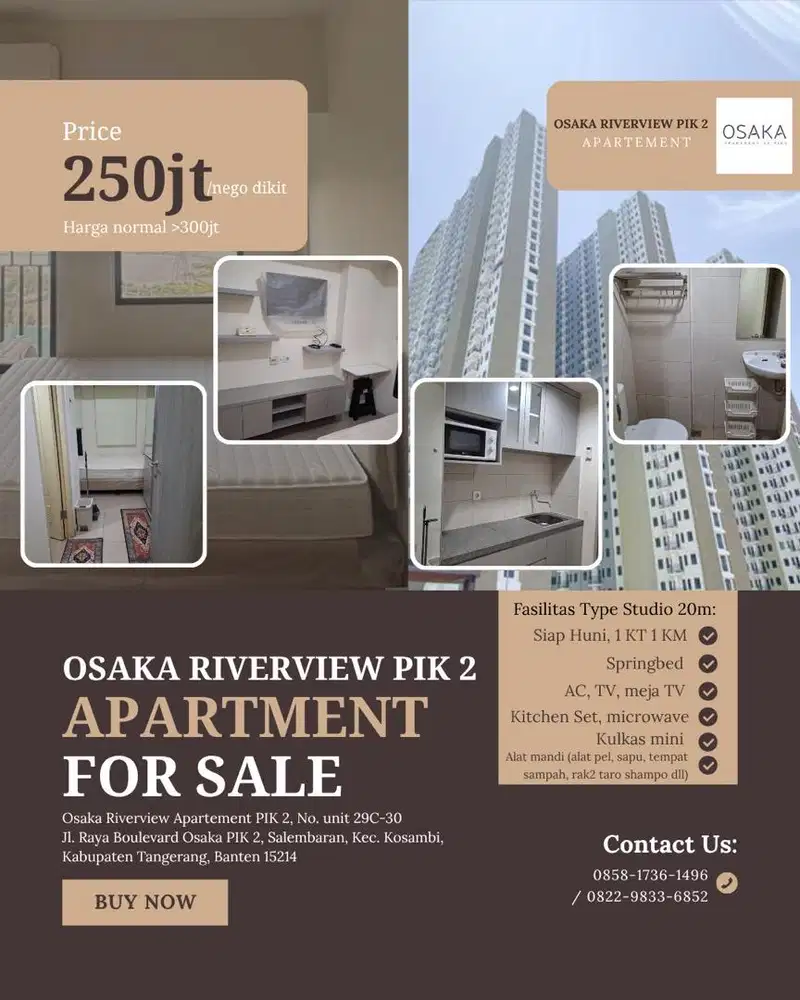 Jual Cepat 250jt Osaka Riverview Apartement PIK 2