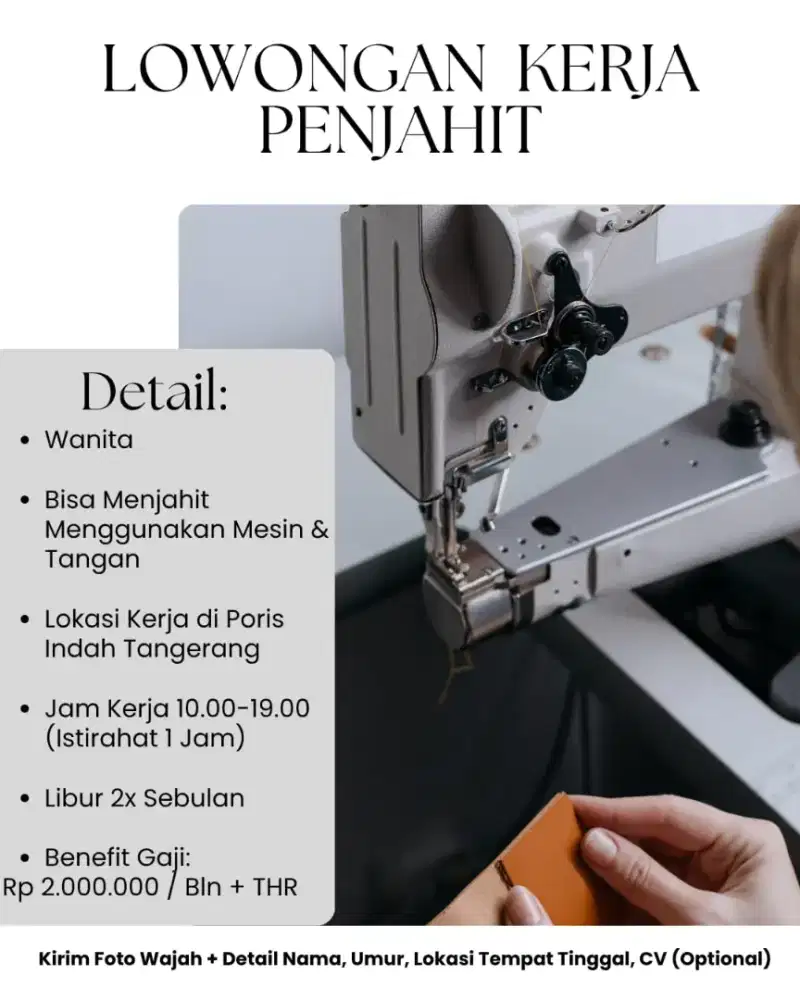 Lowongan Kerja Penjahit Wanita Loker Jahit Poris Indah