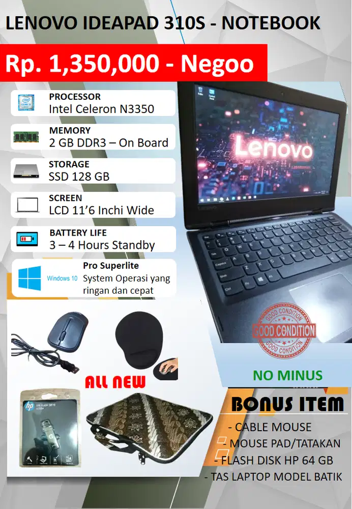 LENOVO IDEAPAD 310S (no minus-dpt bonus)Celeron N3350 ram8GB SSD 128GB