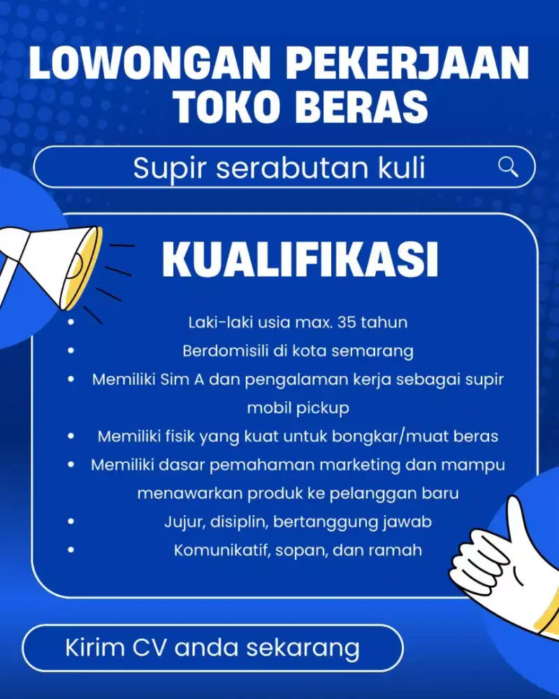 Lowongan kerja supir / driver serabutan kuli untuk toko beras