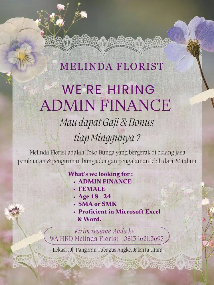 Dibutuhkan admin finance / admin