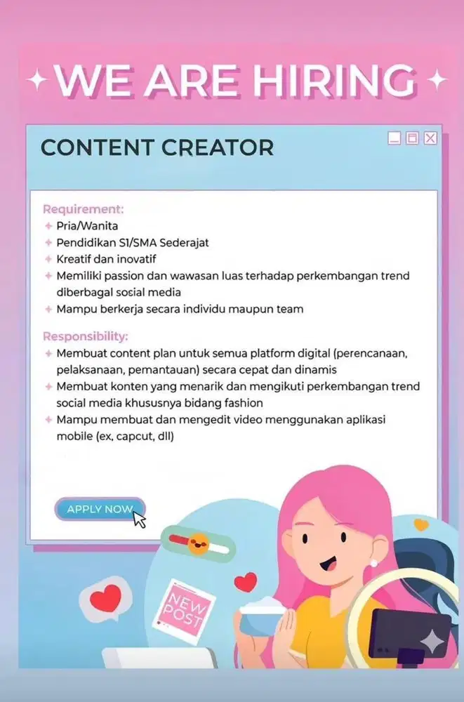 Lowongan content creator wilayah kelapa gading , jakut