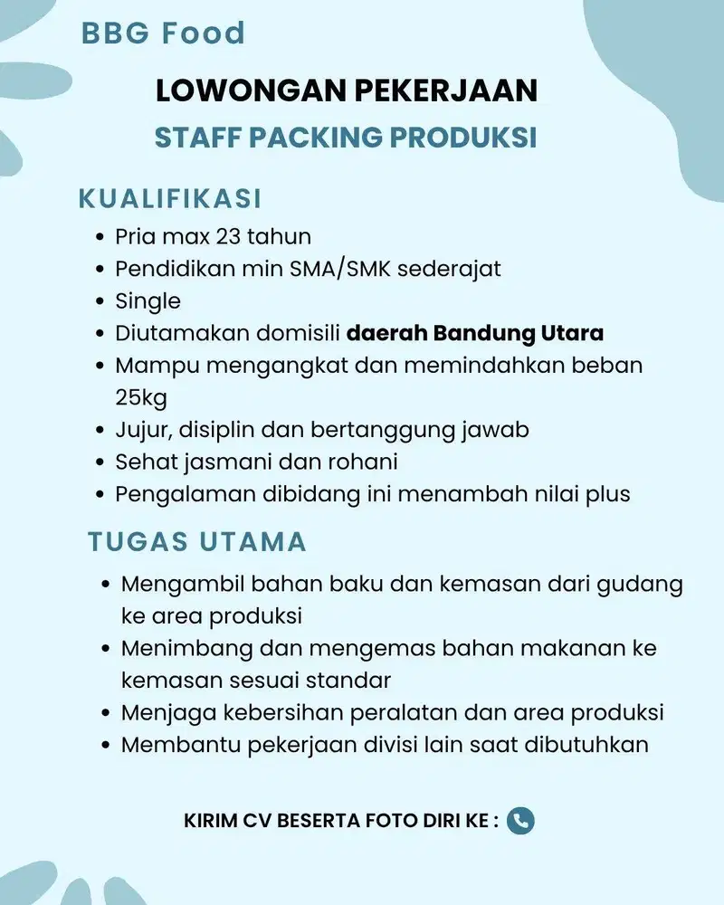 Lowongan Kerja Staff Packing Produksi Makanan
