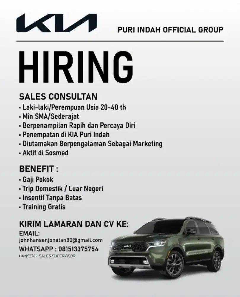 Dibuka lowongan kerja di dealer mobil kia