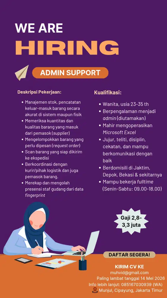 DI BUTUHKAN SEGERA!!! ADMIN SUPPORT untuk Gudang Online Shop