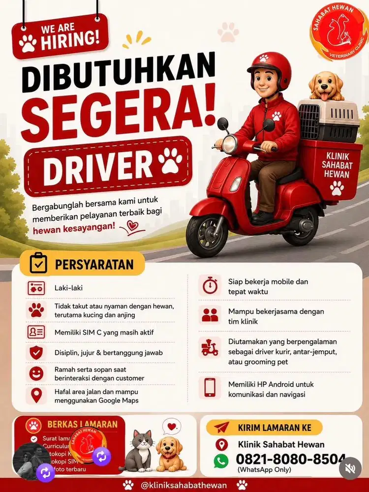 Dicari Driver Untuk Klinik Hewan