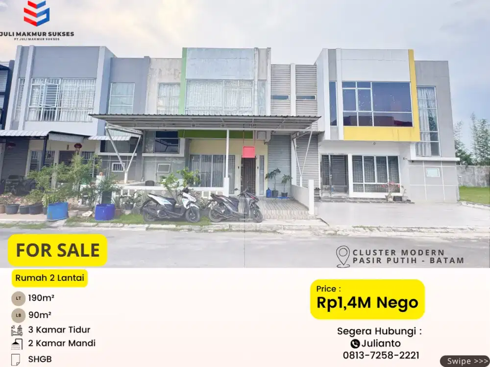 Dijual CEPAT Rumah 2 Lantai di Cluster Modern Pasir Putih Batam