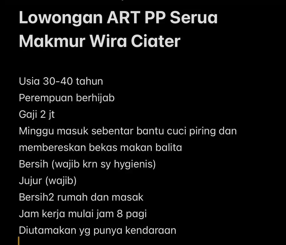 Lowongan ART PP Serua Makmur Wira Ciater