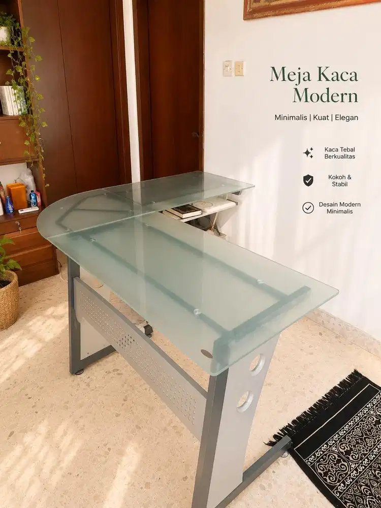 Meja Kaca Modern Minimalis L Shape – Kokoh & Elegan