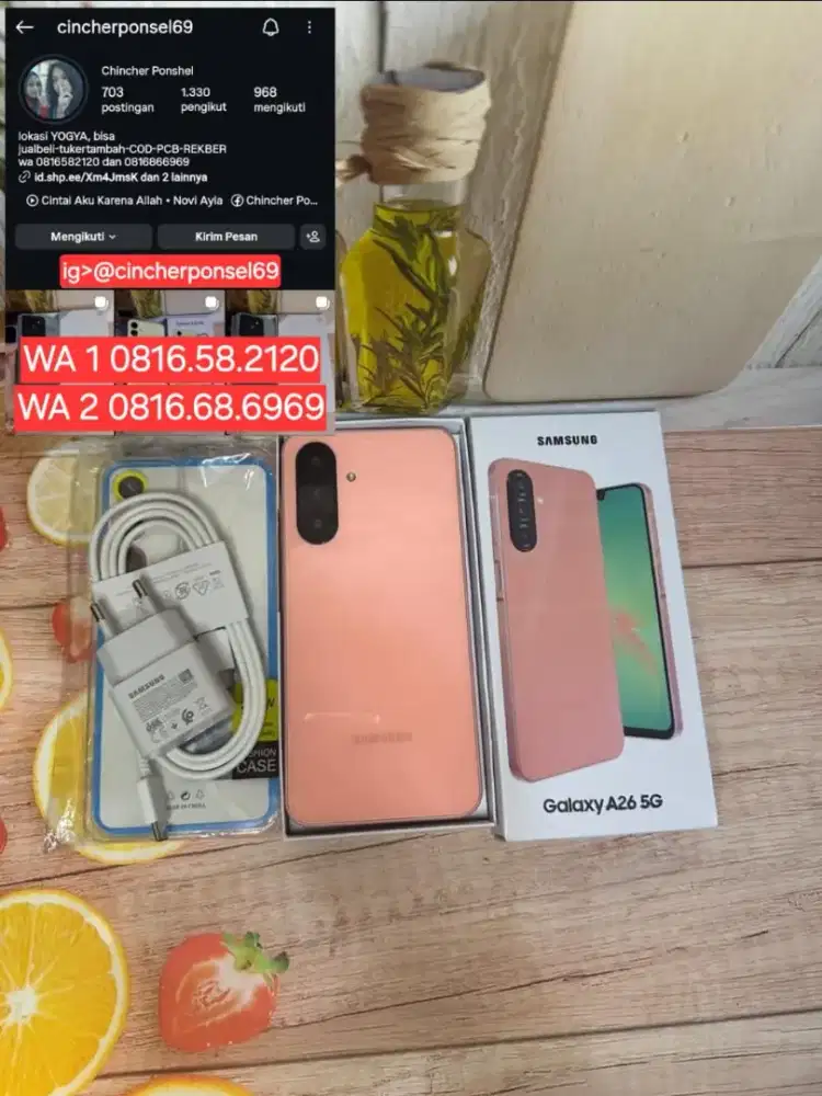 Jual hp likenew samsung A26 5g 8/256 PINK istimewa grns on fre ADAPTOR