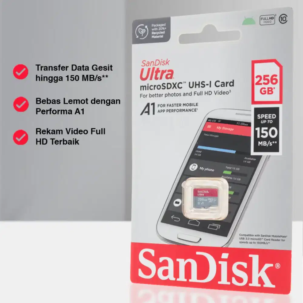 Memory Card Micro SD merk SANDISK ultra A1 256GB 150Mbps