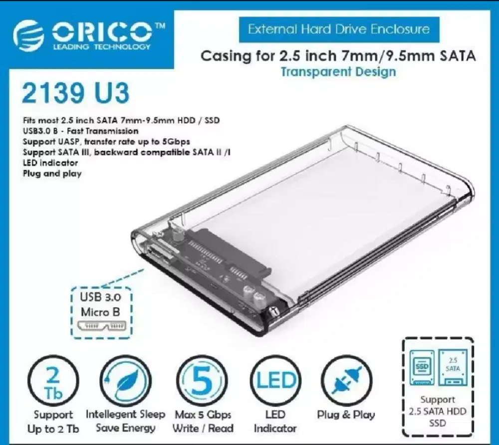 ORICO HDD Case 2139U3 Enclosure Transparent 2.5 Inch Sata Usb 3.0