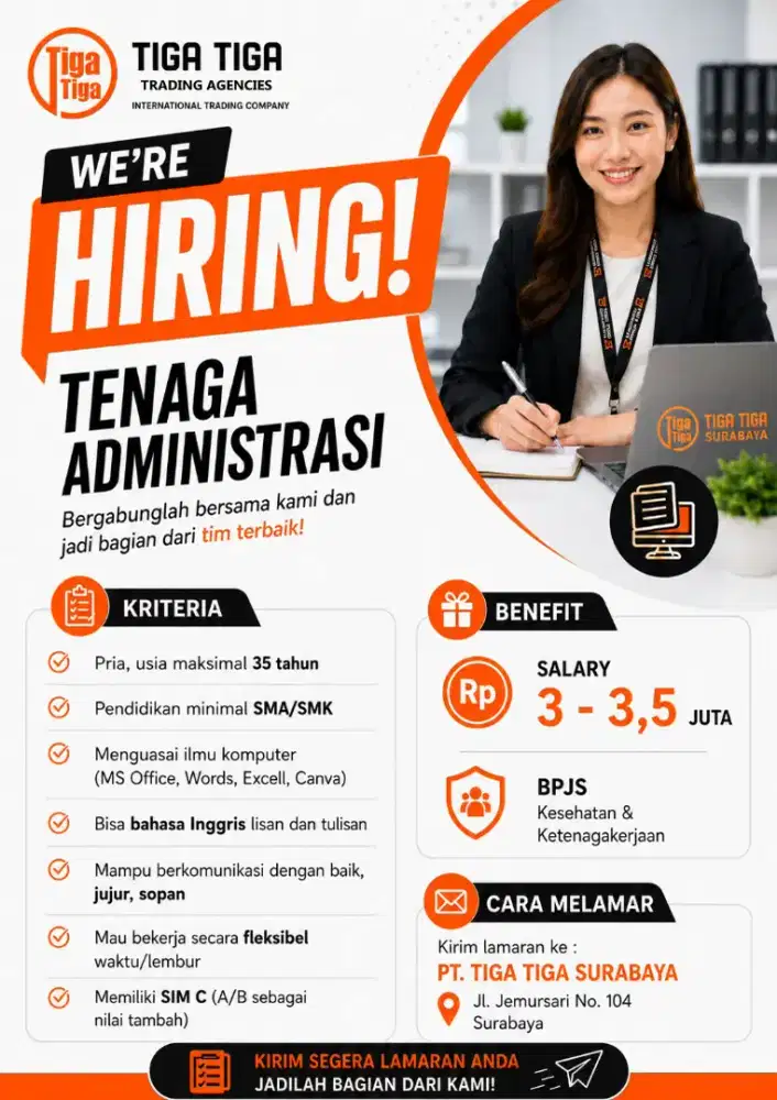 Di butuhkan tenaga Administrasi, Tenaga Operasional Driver Dan Kurir