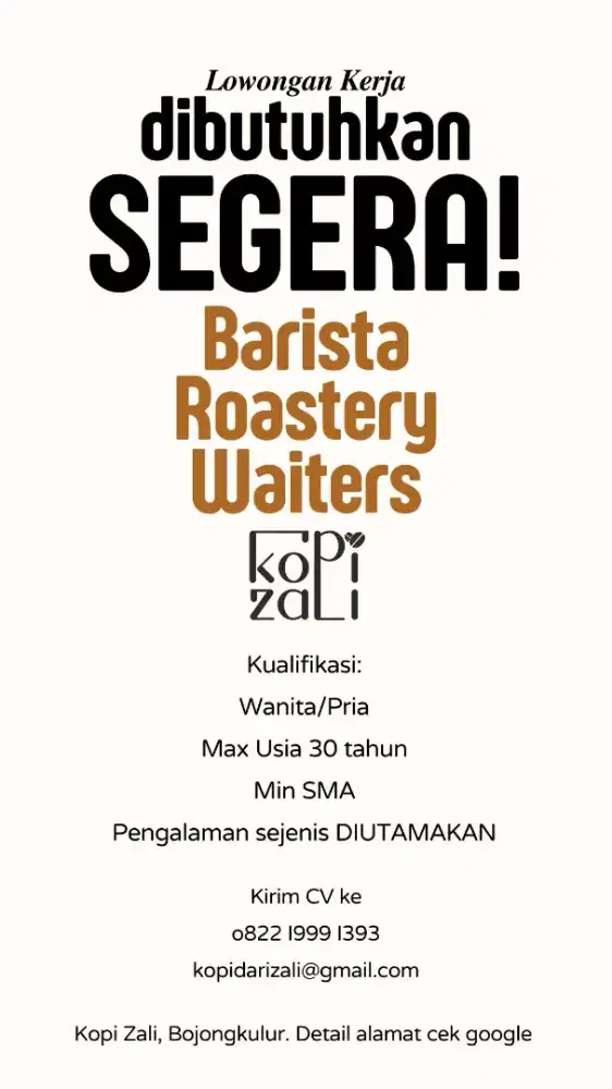 Dibutuhkan Waiters Barista dan Roastery