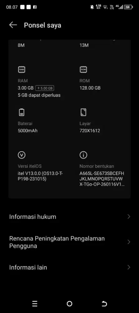 jual hp itel a70 3+5/128 gb 5000 mah batre