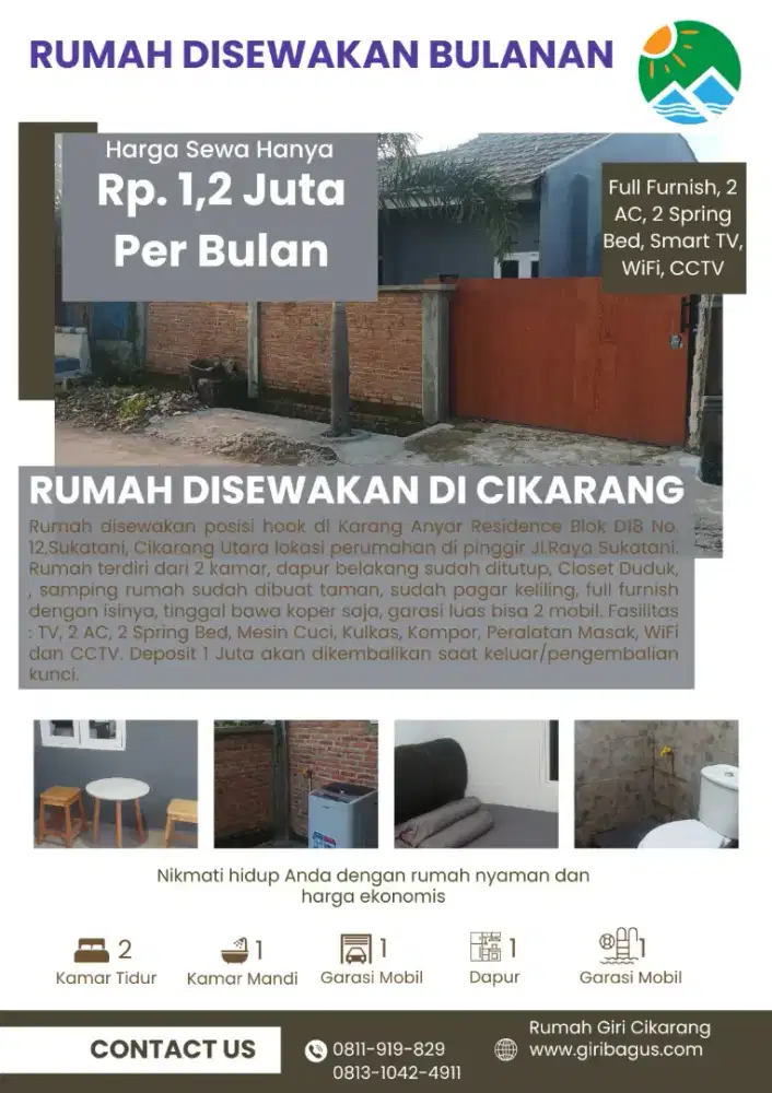 Rumah disewakan bulanan full furnished 1.2 juta per bulan