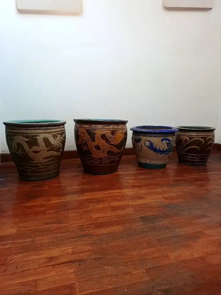 4 Vintage Chinese Egg Pot Jardiniere Planter with Dragon Motif