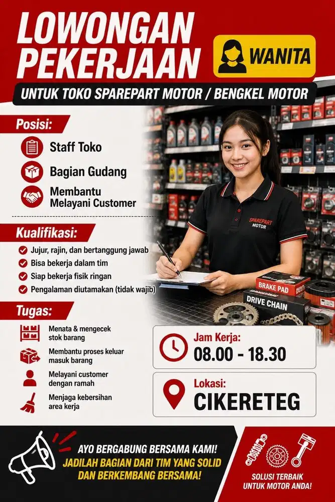 LOWONGAN KERJA KARYAWAN WANITA BENGKEL MOTOR