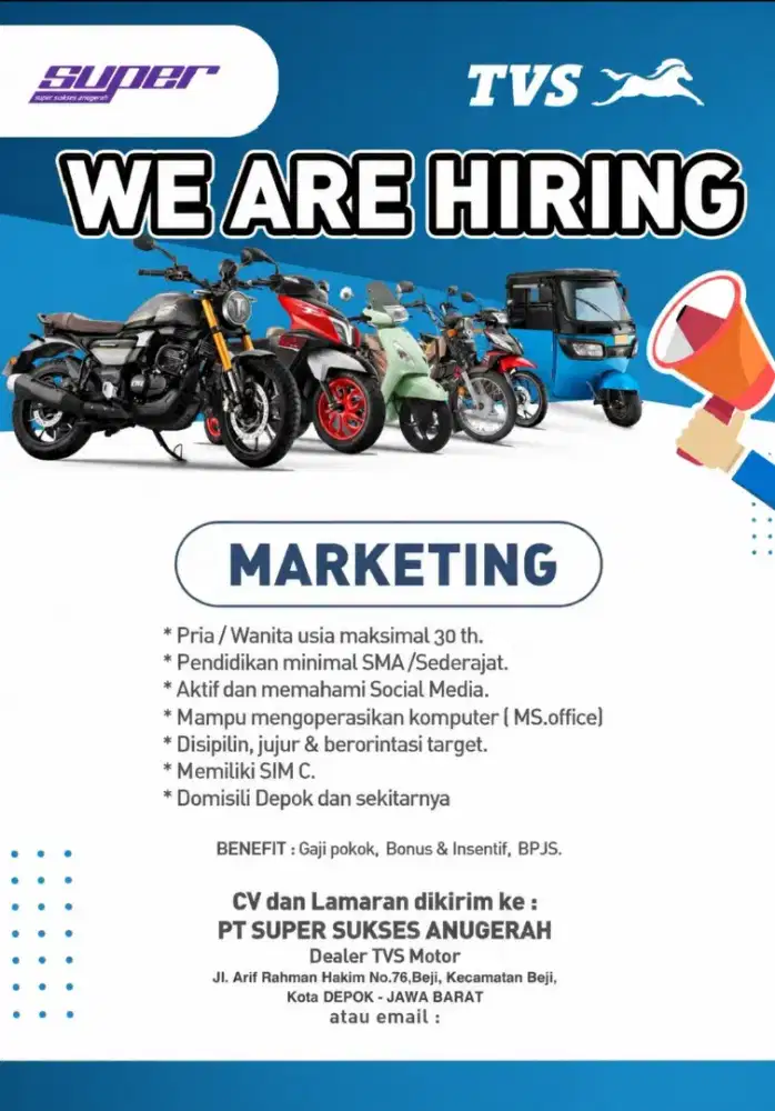 Lowongan kerja sales marketing motor tvs