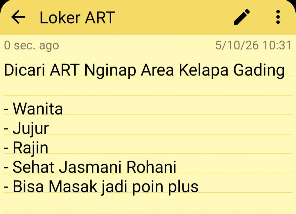 Dicari ART Nginap Area Kelapa Gading