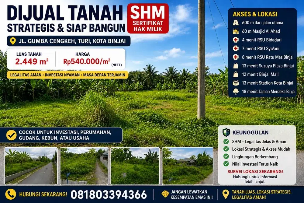 FOR SALE — TANAH SHM STRATEGIS DI BINJAI