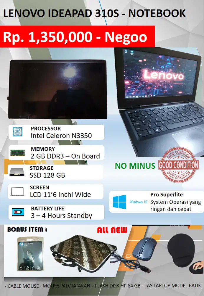 Lenovo IDEAPAD 310S (no minus dpt bonus)Celeron N3350 Ram2GB SSD 128GB