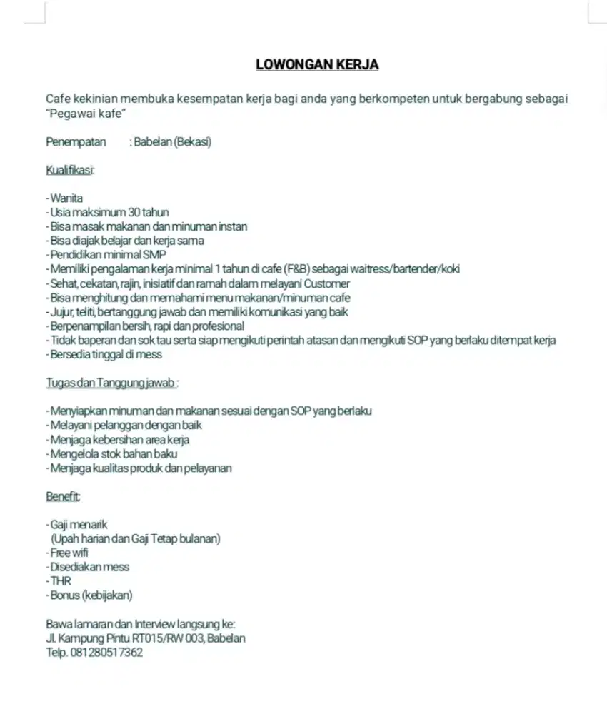 Dibutuhkan Pegawai Cafe/Warkop