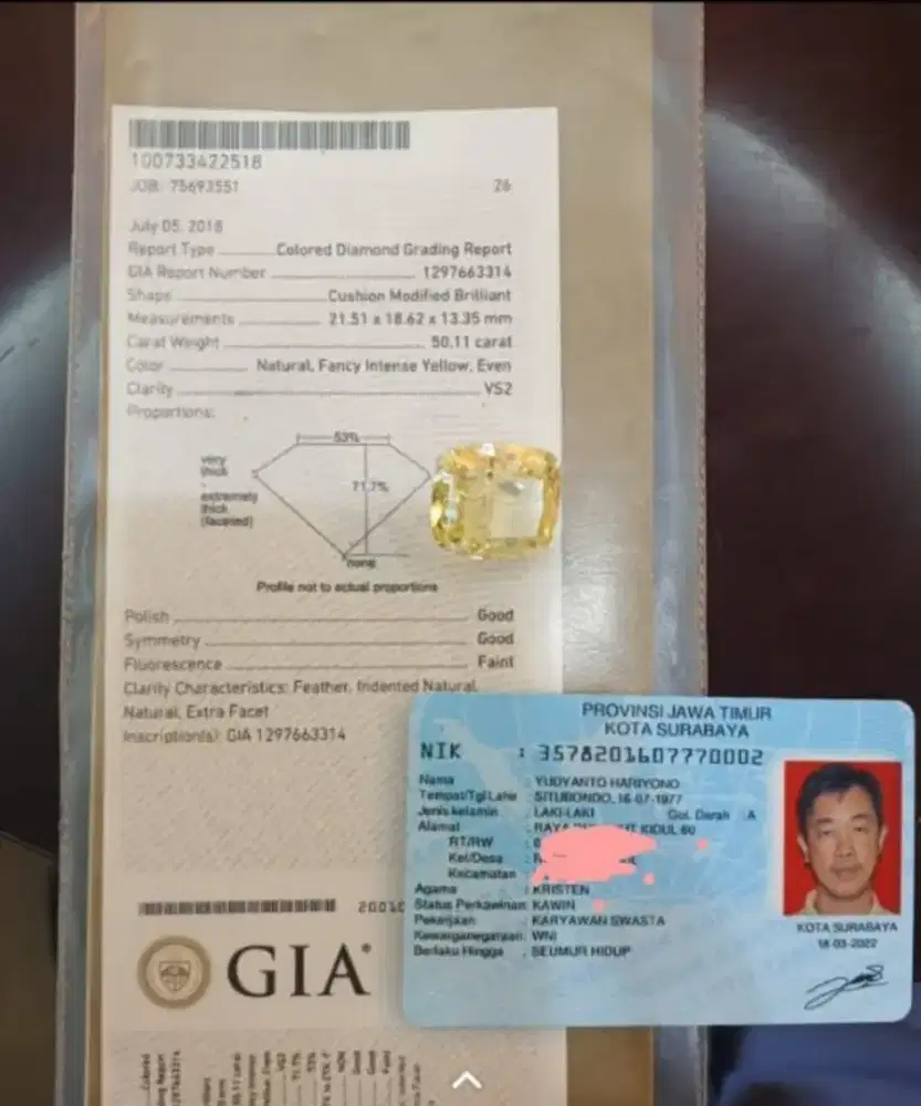 Dijual batu berlian asli dgn memo GIA 50.11 crat