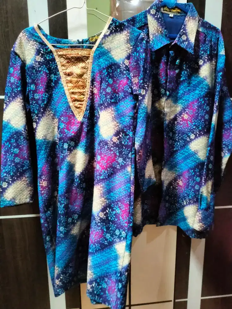 Baju batik tunik couple modern biru