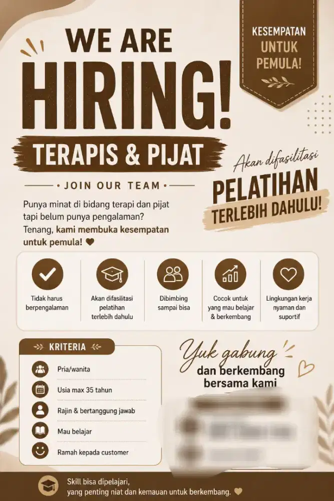 Dibutuhkan segera terapis pijat dan refleksi PRIA DAN WANITA