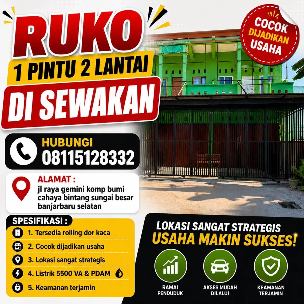Disewakan Ruko 1 Pintu 2 Lantai