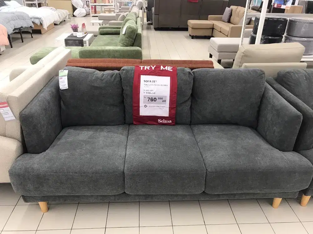 Selma Zuko Sofa Fabric 3 Seater - Abu-abu