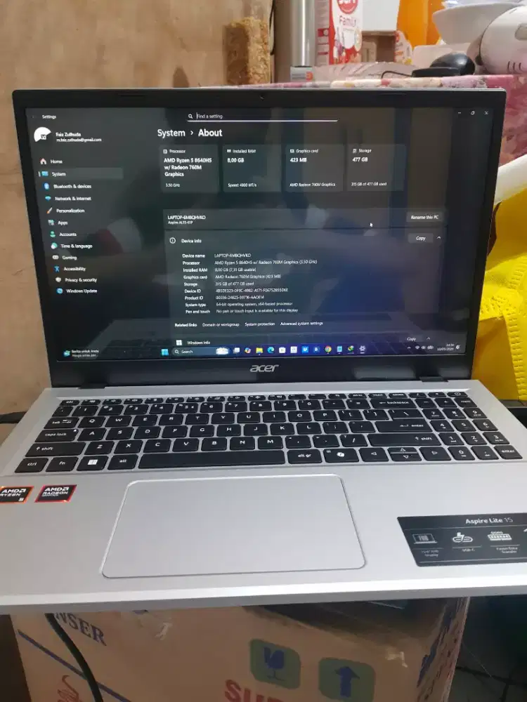 Laptop acer aspire lite 15 ryzen 5 8650hs  amd radeon 760m