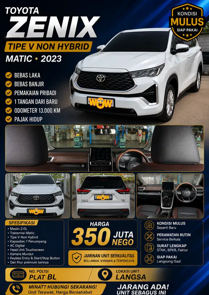 Toyota Zenix Tipe V Non Hybrid Tahun 2023