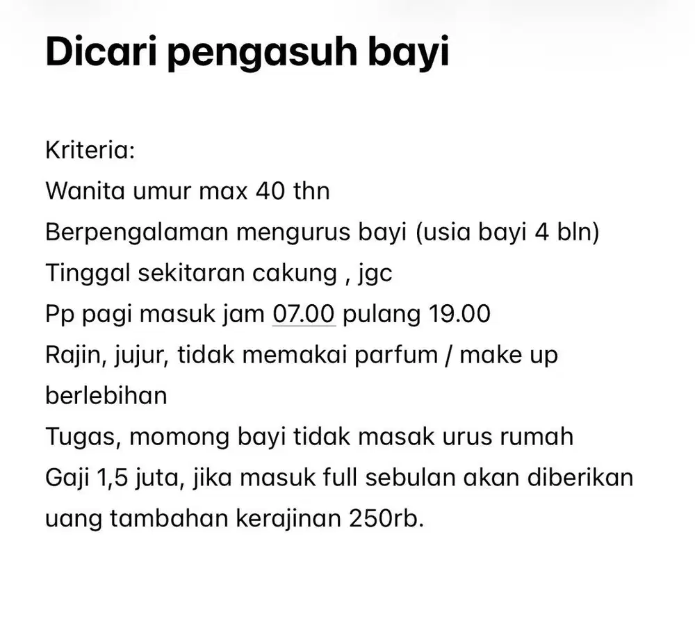 Dicari pengasuh bayi usia 4 bulan