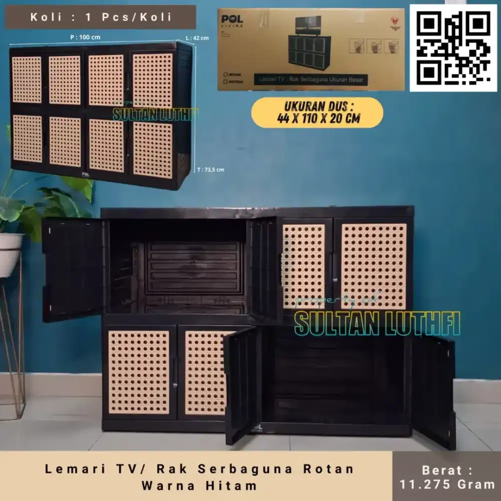 Lemari TV/ Rak Serbaguna Rotan Warna Hitam