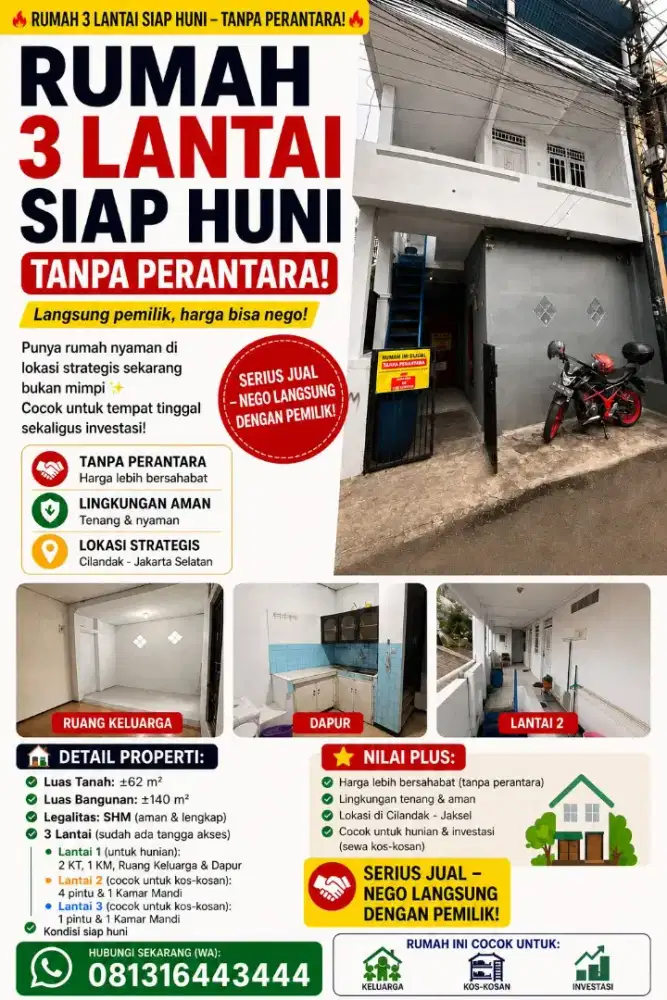 Rumah 3 Lantai siap huni + 5 kamar kos kostan , LOKASI EMAS
