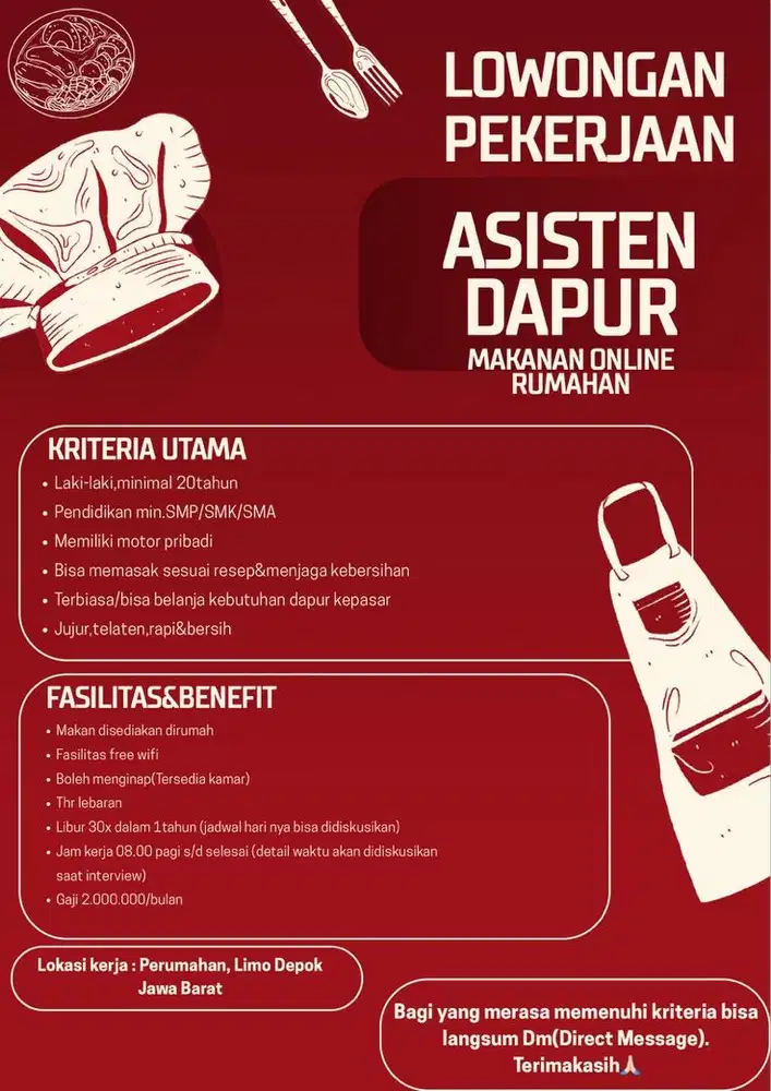 Lowongan Kerja Posisi *Asisten Dapur* UMKM Rumahan