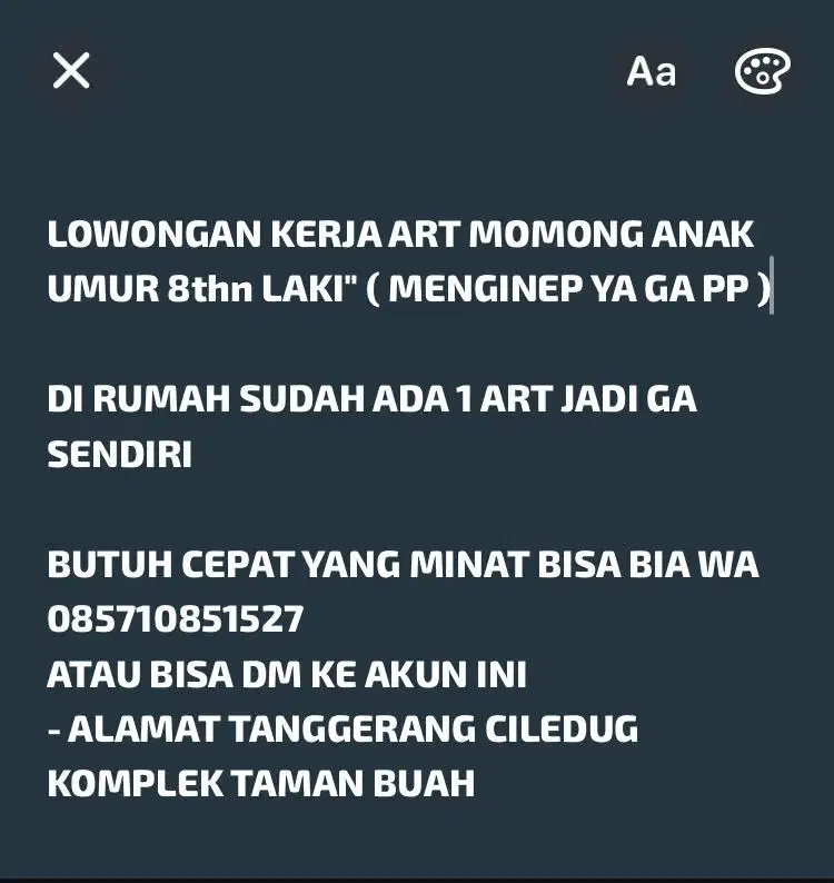 BUTUH CEPAT PEKERJA ART MOMONG ANAK UMUR 8 TAHUN