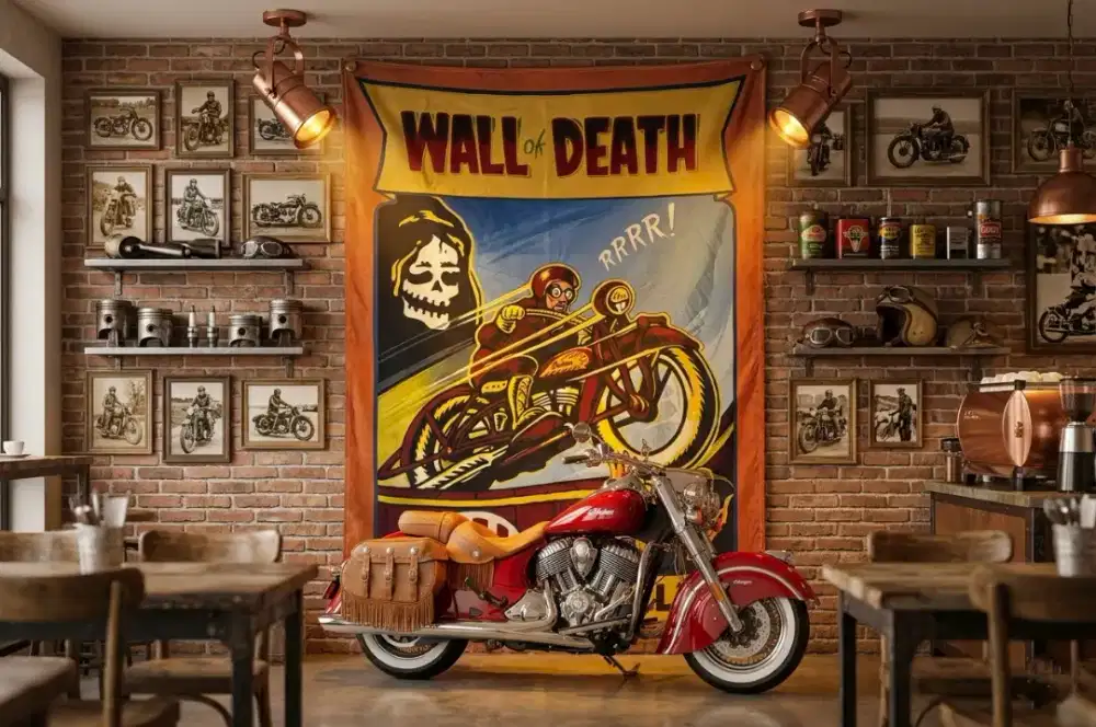 Hiasan kain poster banner sirkus sepeda motor retro vintage antik