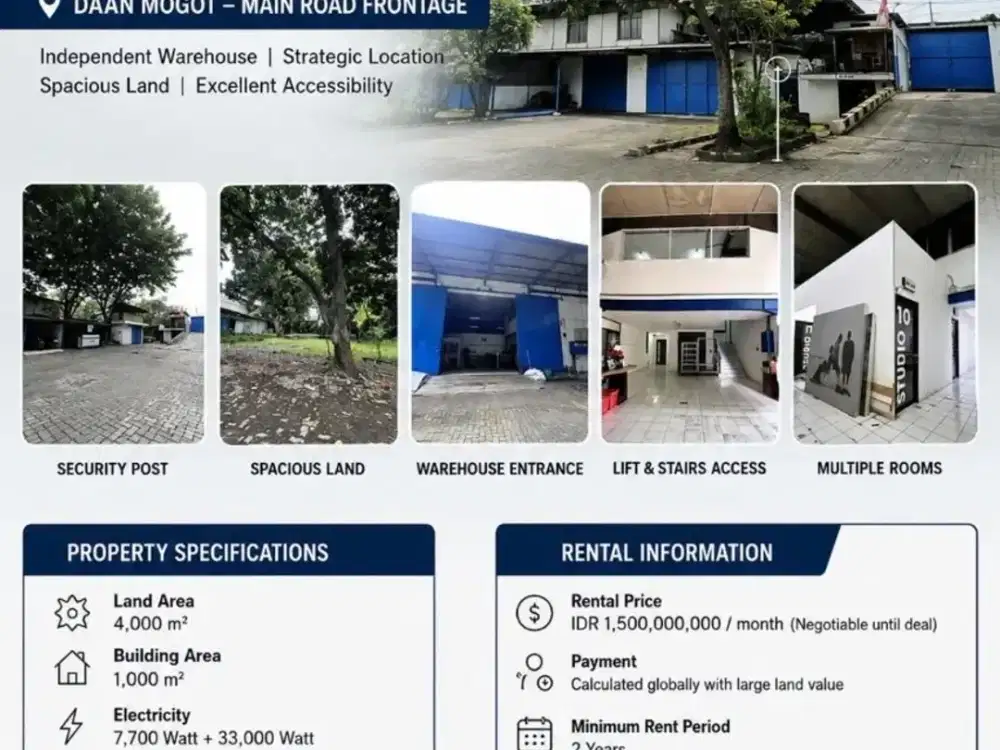 DISEWAKAN GUDANG KANTOR 4000M2-DAAN MOGOT-JAKARTA BARAT