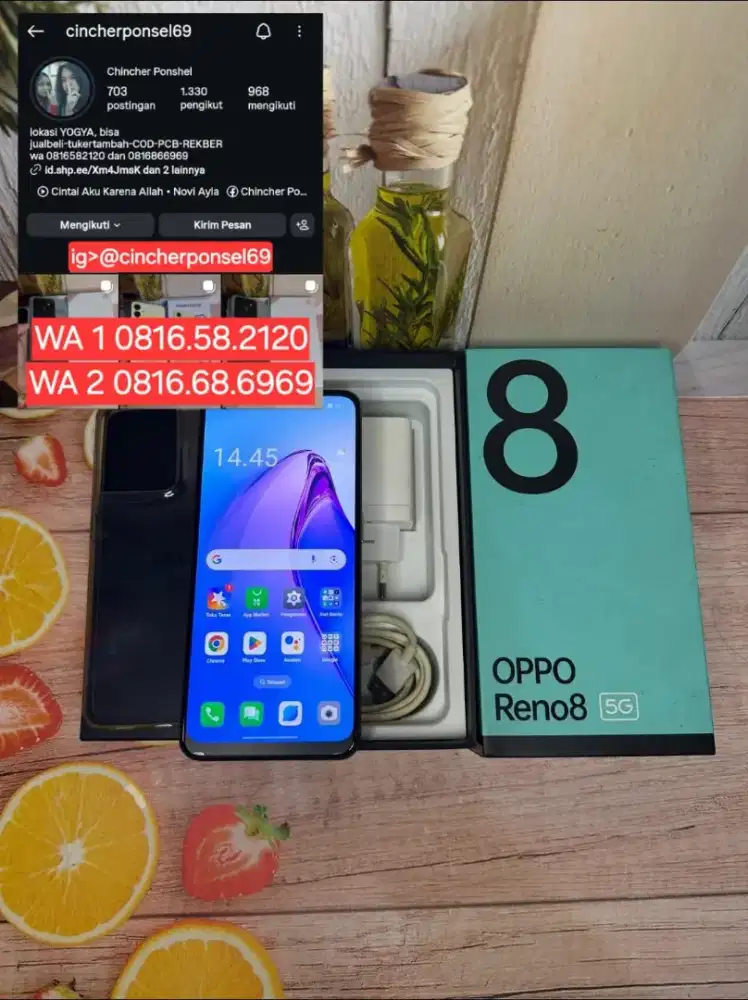 Jual hp likeNEW  OPPO RENO 8 5g 12/256 fullset ORIGINAL istimewa