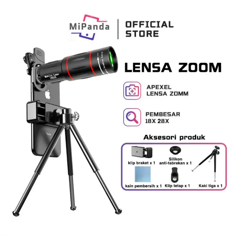 Mipanda Lensa Kamera Hp Apexel 18x/28x Zoom vlog Paduan Aluminium.