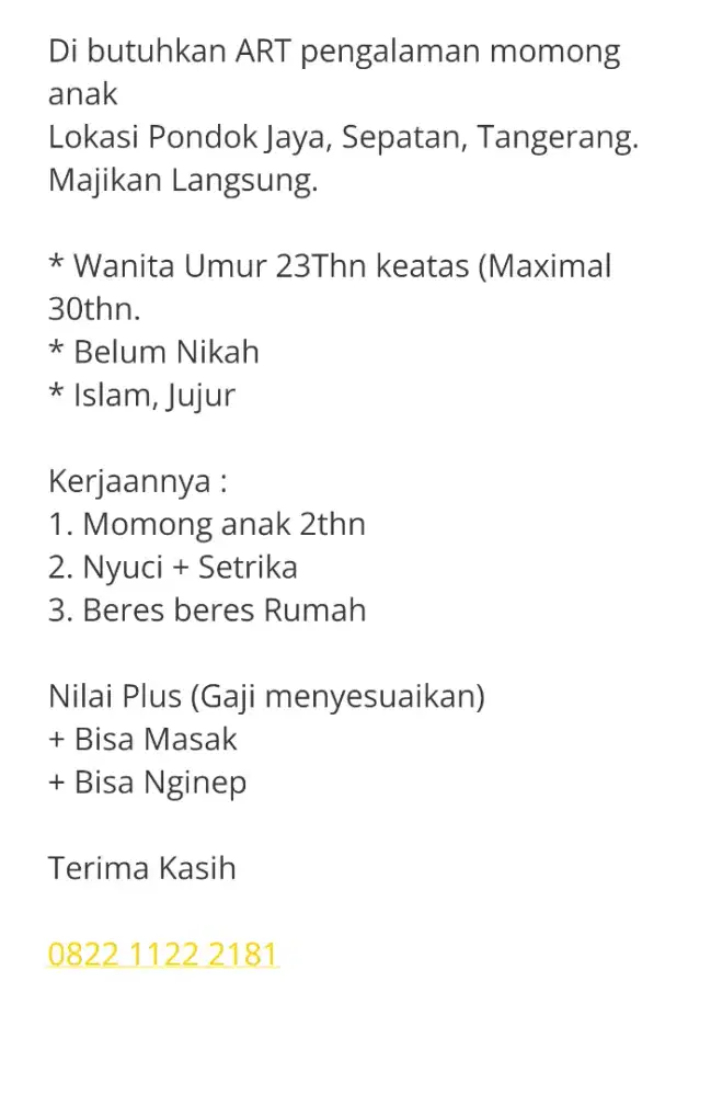 Dicari ART yang berpengalaman Momong Anak