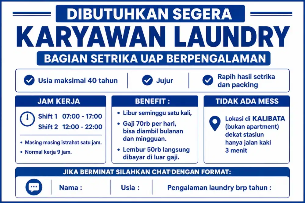 Dibutuhkan karyawan laundry setrika uap berpengalaman