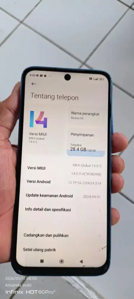Redmi 10.  6/128 mnus layar retak normal smua