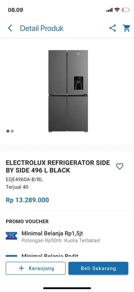 ELECTROLUX REFRIGERATOR SIDE BY SIDE 496L BLACK